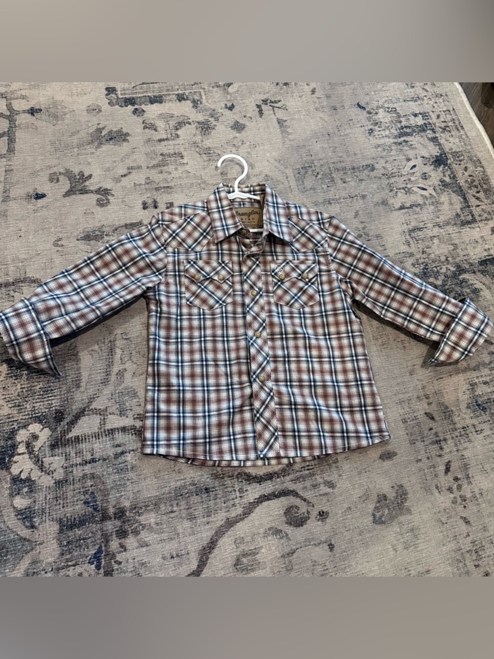 Wrangler Boys' Plaid Button-Down Shirt in Brown and Blue XS